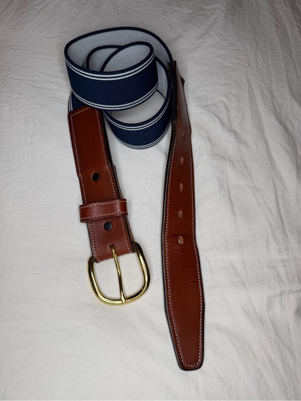 Troy English Bridle Leather Belt With Navy Blue White Elastic Center Mens Sz 38